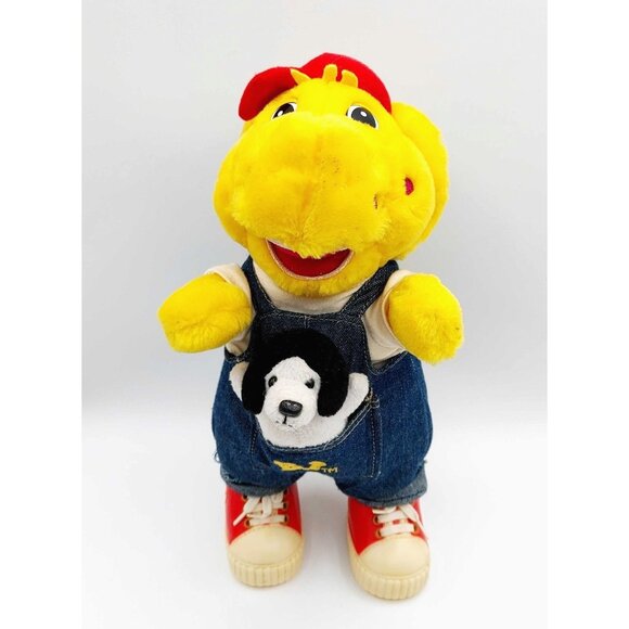 BJ (Barney) w/Puppy Denim Overalls Rubber Shoes Dinosaur Plush 13" Vintage 90s - Picture 1 of 5
